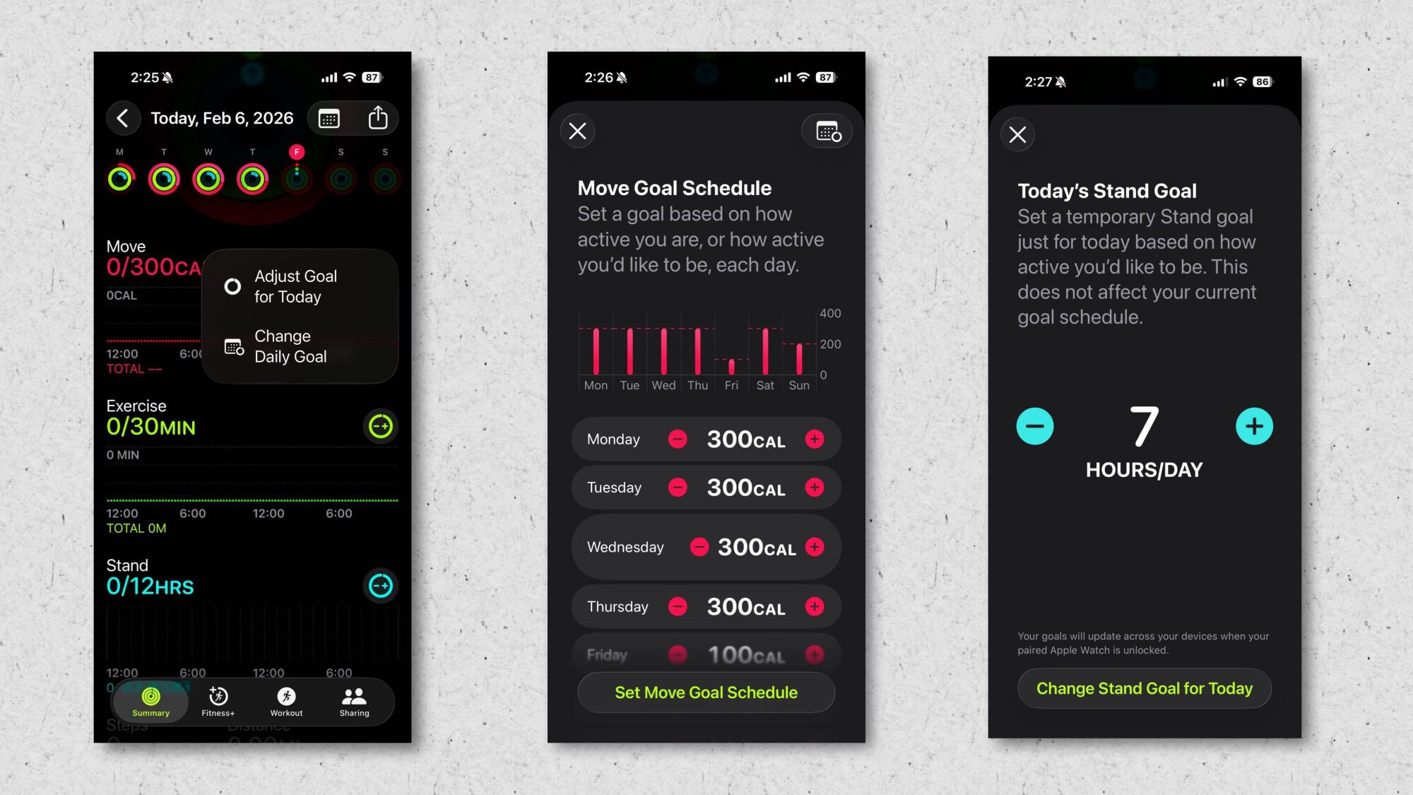 Screenshots showing how to adjust ring goals