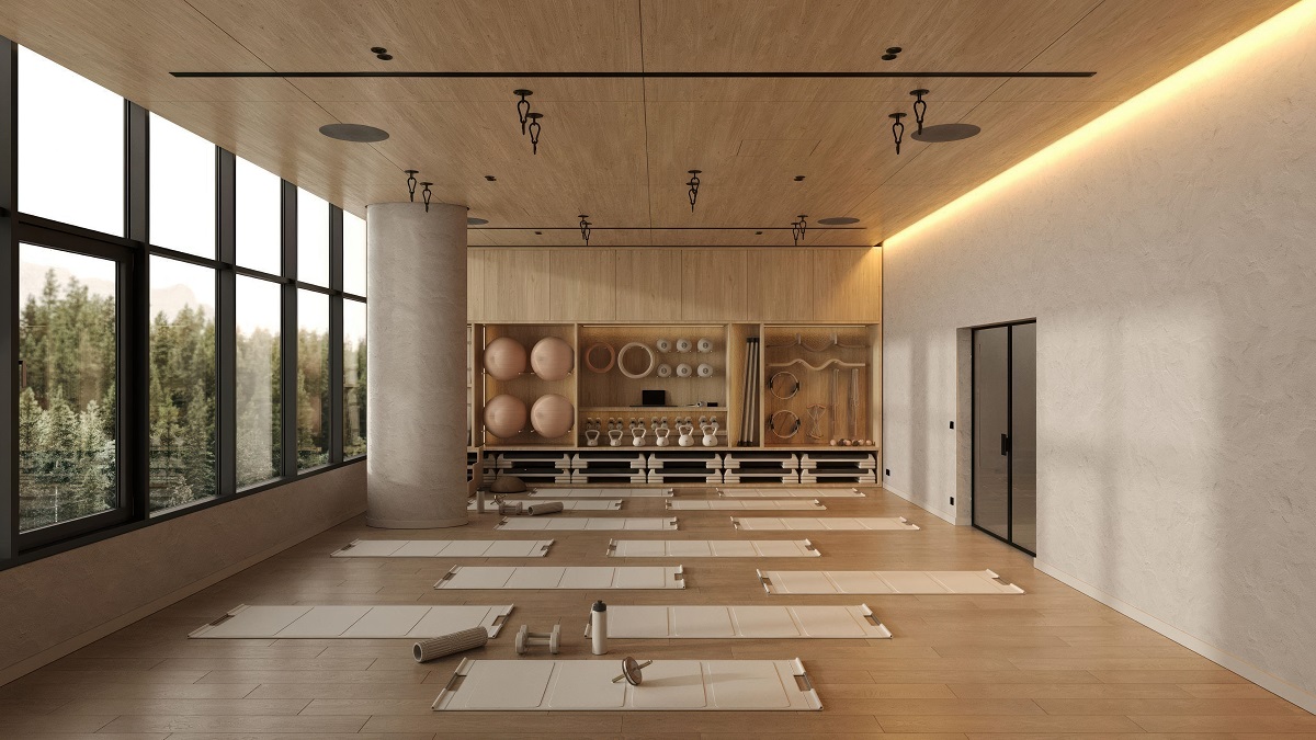 yoga studio and mats on wooden floor