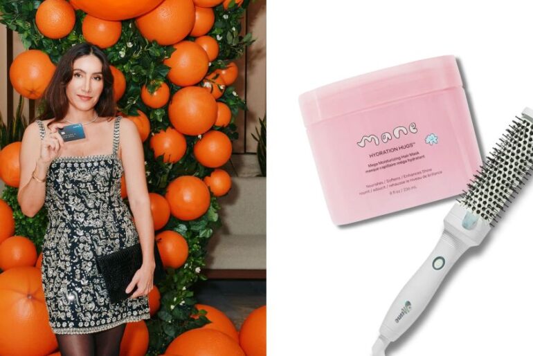 hair stylist jen atkin posing at a capital one event, holding the company's venture x business credit card; a mane hair mask and hot brush overlaid on a white background