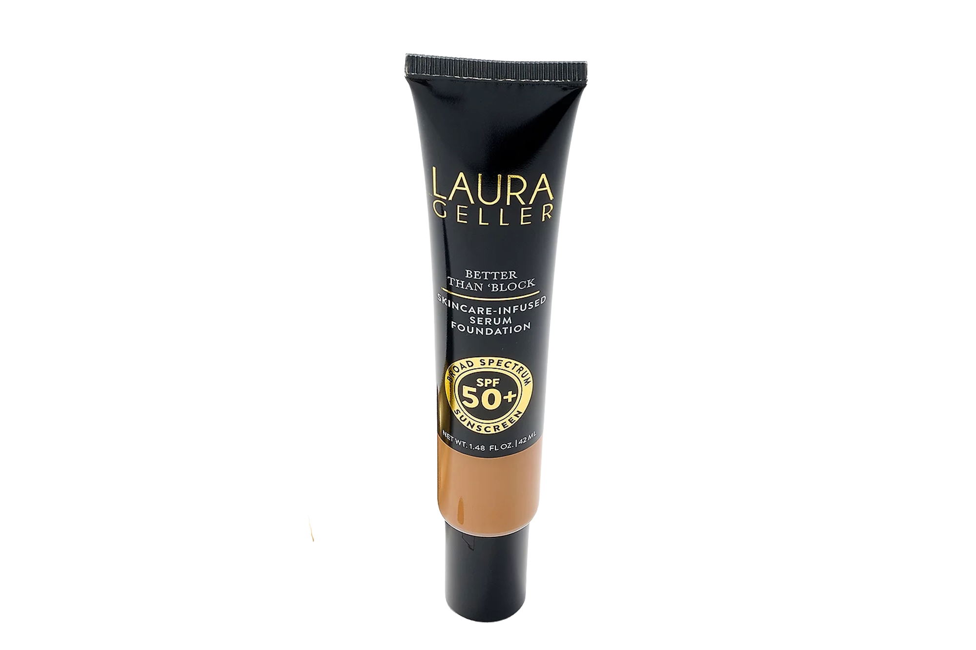 Laura Geller Better Than 'Block' Skincare-Infused Serum Foundation with SPF 50+ in a brown tube.