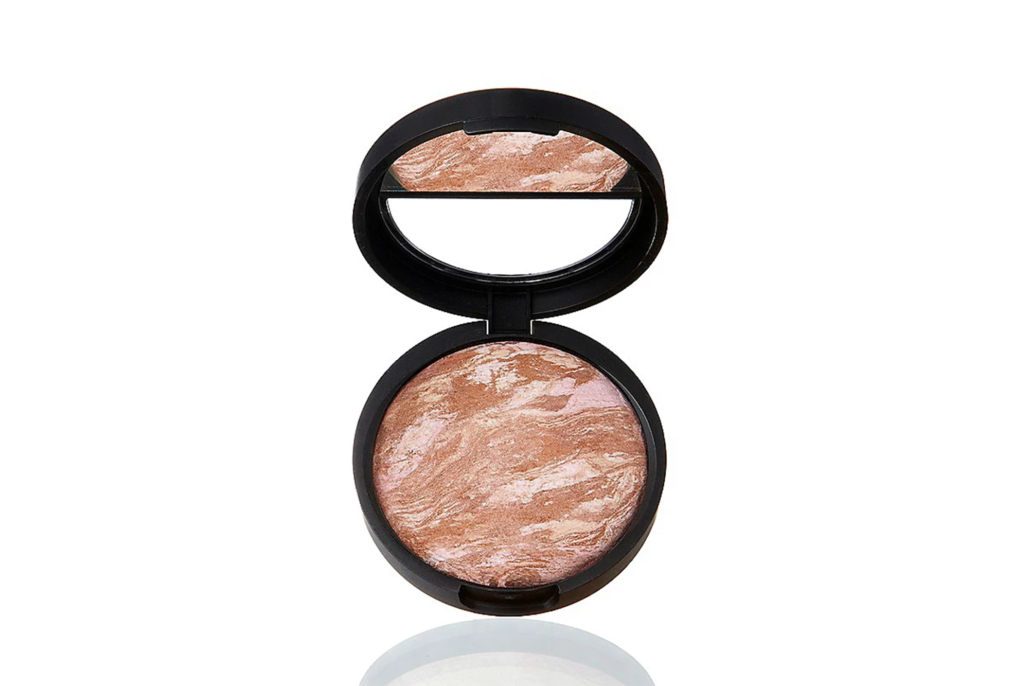Open compact with a mirror and swirled brown and beige baked powder.