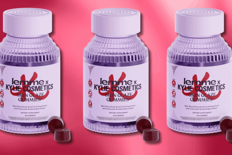 lemme supplements launch with kylie cosmetics, displayed in the form of three bottles with purplish gummies laying nearby