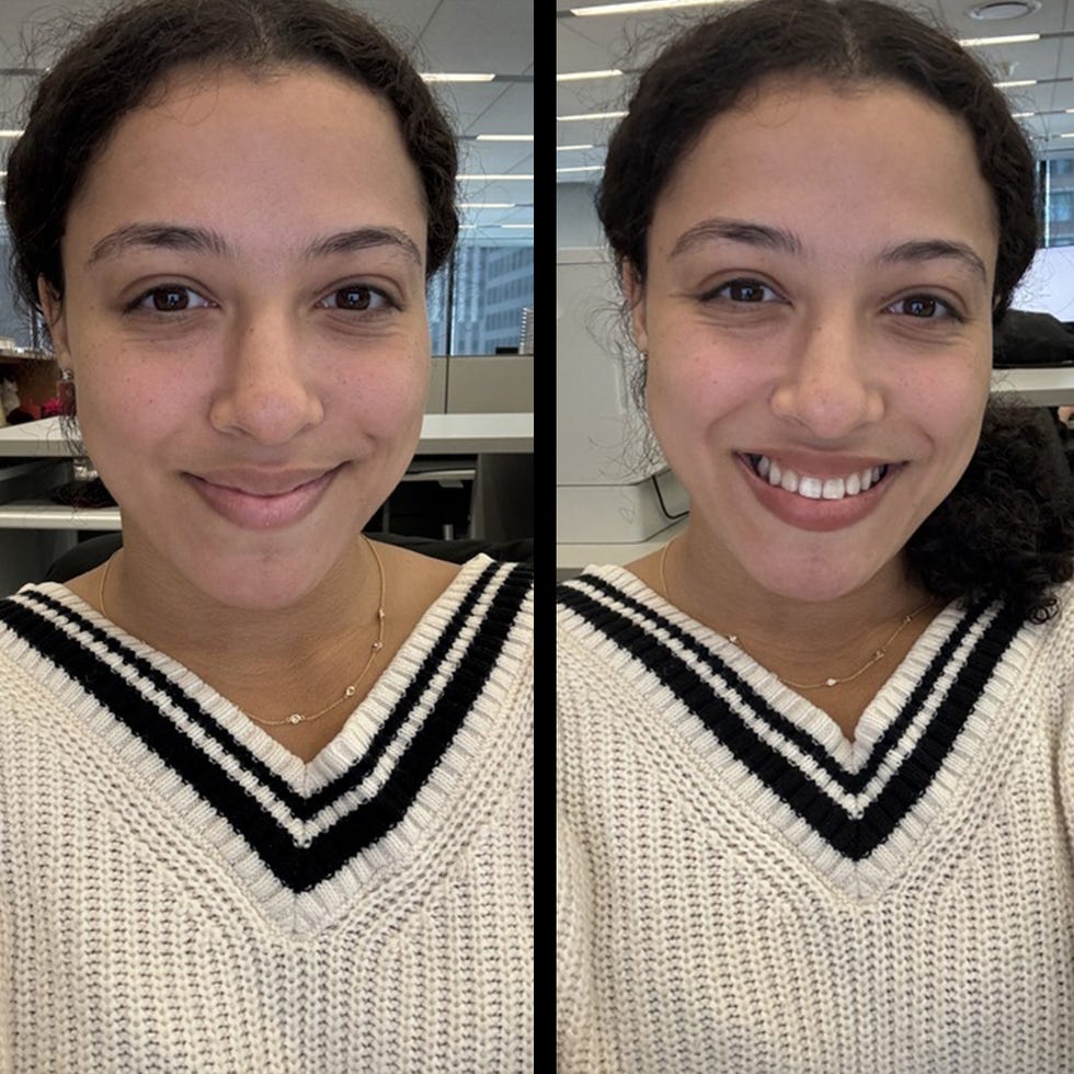 writer, katie mogg, before and after applying the counter sheer genius conditioning lipstick in the shade rosewood.