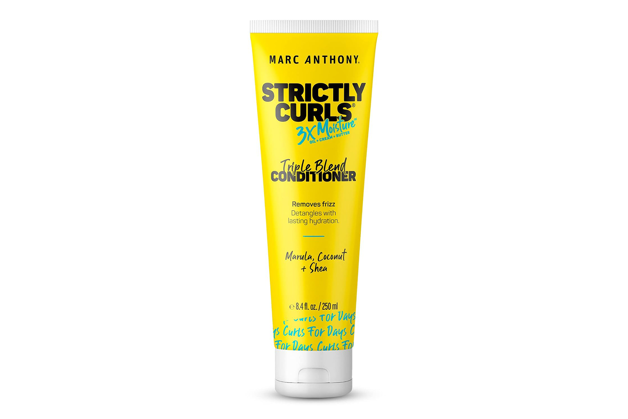 Marc Anthony Strictly Curls 3x Moisture Triple Blend Conditioner in a yellow tube.