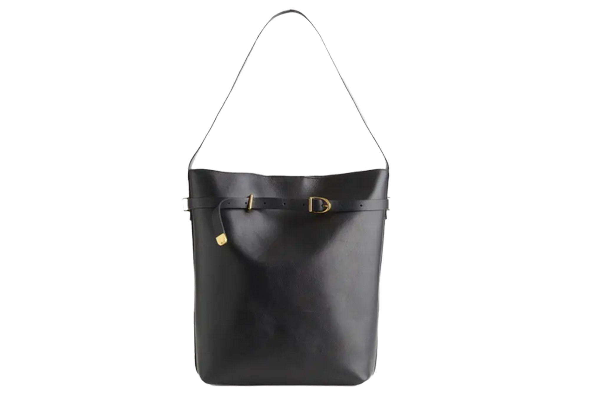 Black leather bucket bag with an adjustable strap and a buckle detail.