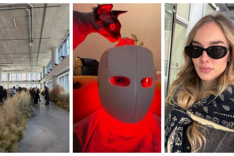 luxury beauty trio of photos with a woman in a red light mask, wearing a scarf and sunglasses, and a runway with large windows