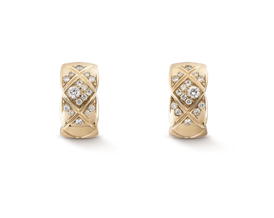 Chanel, Coco Crush Earrings, Quilted Motif, 18K Beige Gold with Diamonds