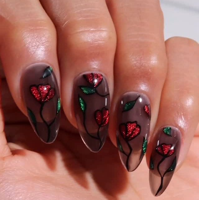 nail art featuring roses and leaves on a neutral background nail art featuring roses and leaves on a neutral background