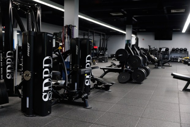 The newly updated gym at San Diego Police Plaza. (Kristian Carreon / The San Diego Union-Tribune)
