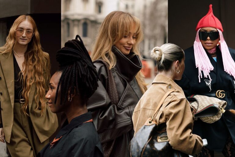a collage of five women in London wearing stylish outfits with trendy hairstyles