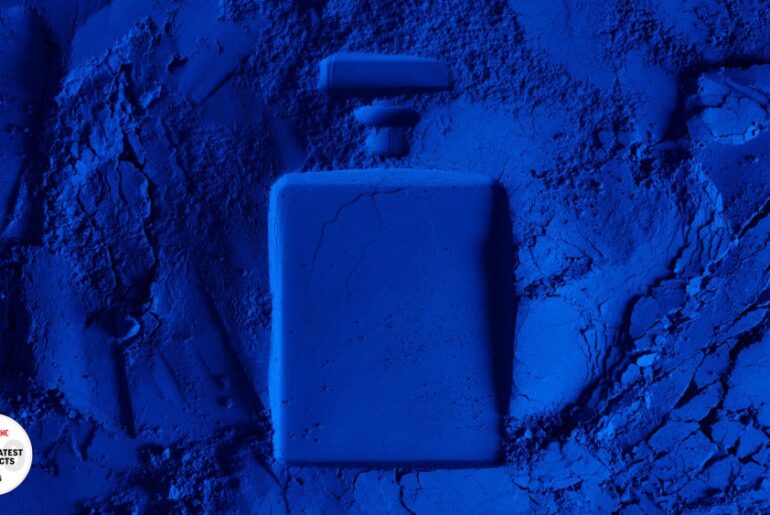 blue pigment pressed with perfume bottle shape for WWD Beauty Inc's the greatest beauty products of all time cover image