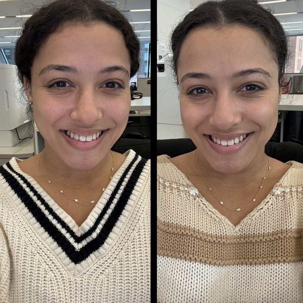 writer, katie mogg, before and after applying the counter dew skin tinted moisturizer.