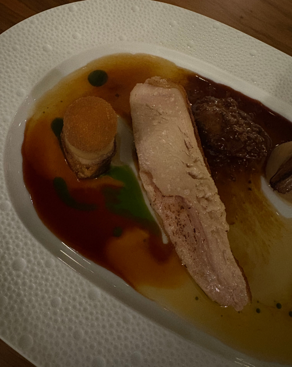 artfully plated main dish with various components and sauces
