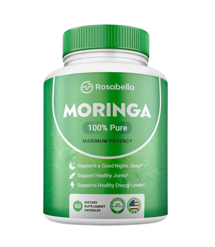 A bottle of Rosabella Moringa 100% Pure Dietary Supplement Capsules.