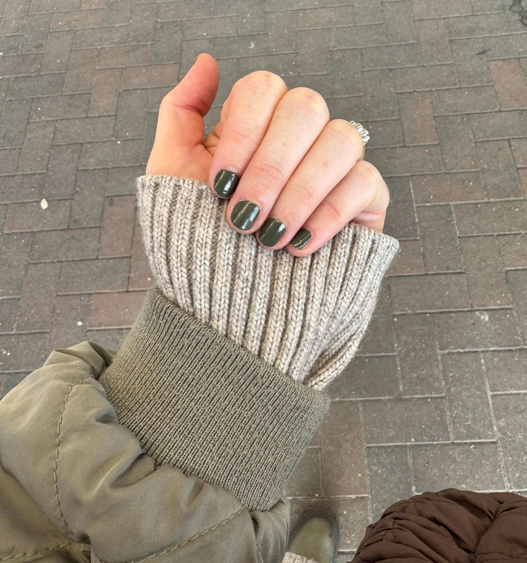 an image of Annie's olive green manicure using London Grace Olive polish