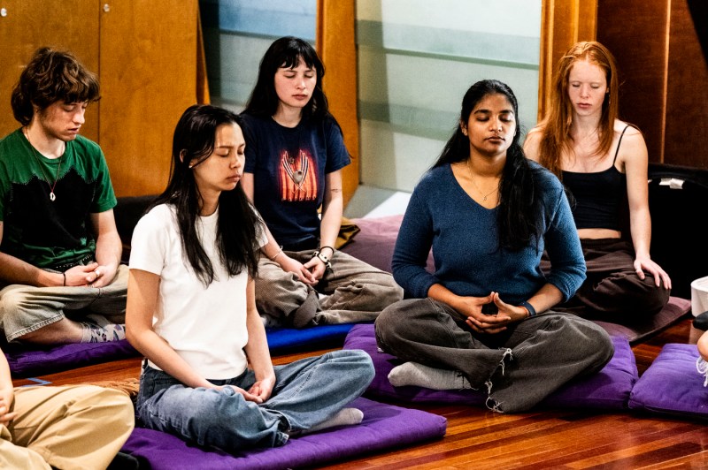Students sit and practice meditation during Wellness Week at Northeastern Unviersity.