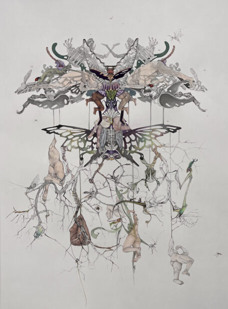 A print by Jayne Lawrence featuring a mobilelike device with strings and branches extended from butterfly wings. Hanging from the strings are human forms in various poses.