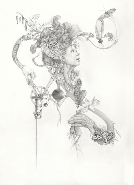 A print by Jayne Lawrence featuring a woman's head with three hands extending from it, and a radish in the place of a body. 