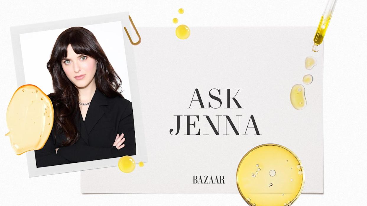 promotional graphic for beauty advice featuring a stylish figure and product elements