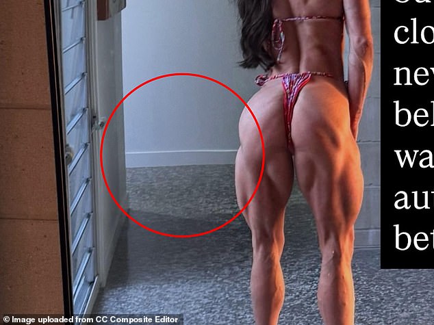 An odd detail next to her leg left the wall slightly warped, suggesting the image had been altered to exaggerate the size of her leg muscles.