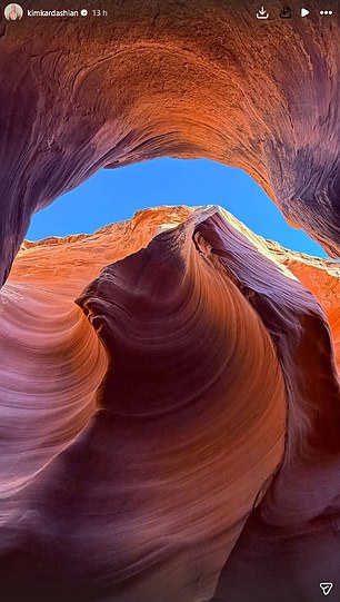 Taking to her Instagram Story, Kim shared a video of the water and iconic orange caves as they appeared to enjoy a boat ride