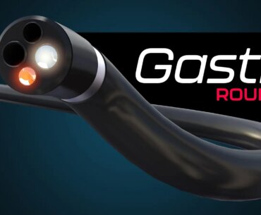 Gastro Roundup over a computer rendering of an endoscope.