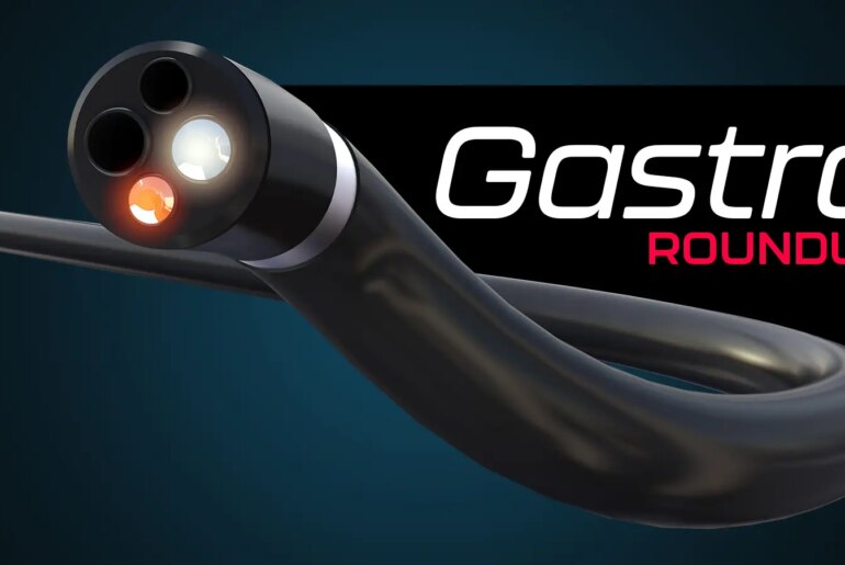 Gastro Roundup over a computer rendering of an endoscope.
