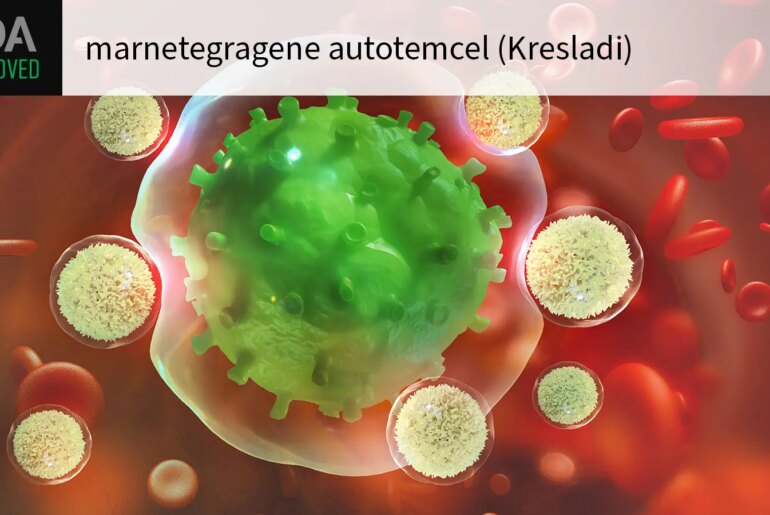 FDA APPROVED marnetegragene autotemcel (Kresladi) over a computer rendering of leukocytes attacking a virus.