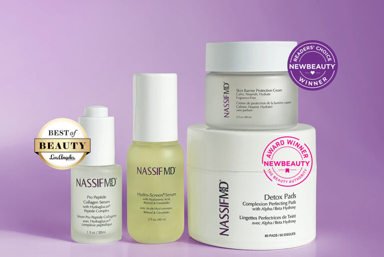 NassifMD Skincare product lineup displayed together, including bestselling Hydro-Screen Serum and Detox Pads.