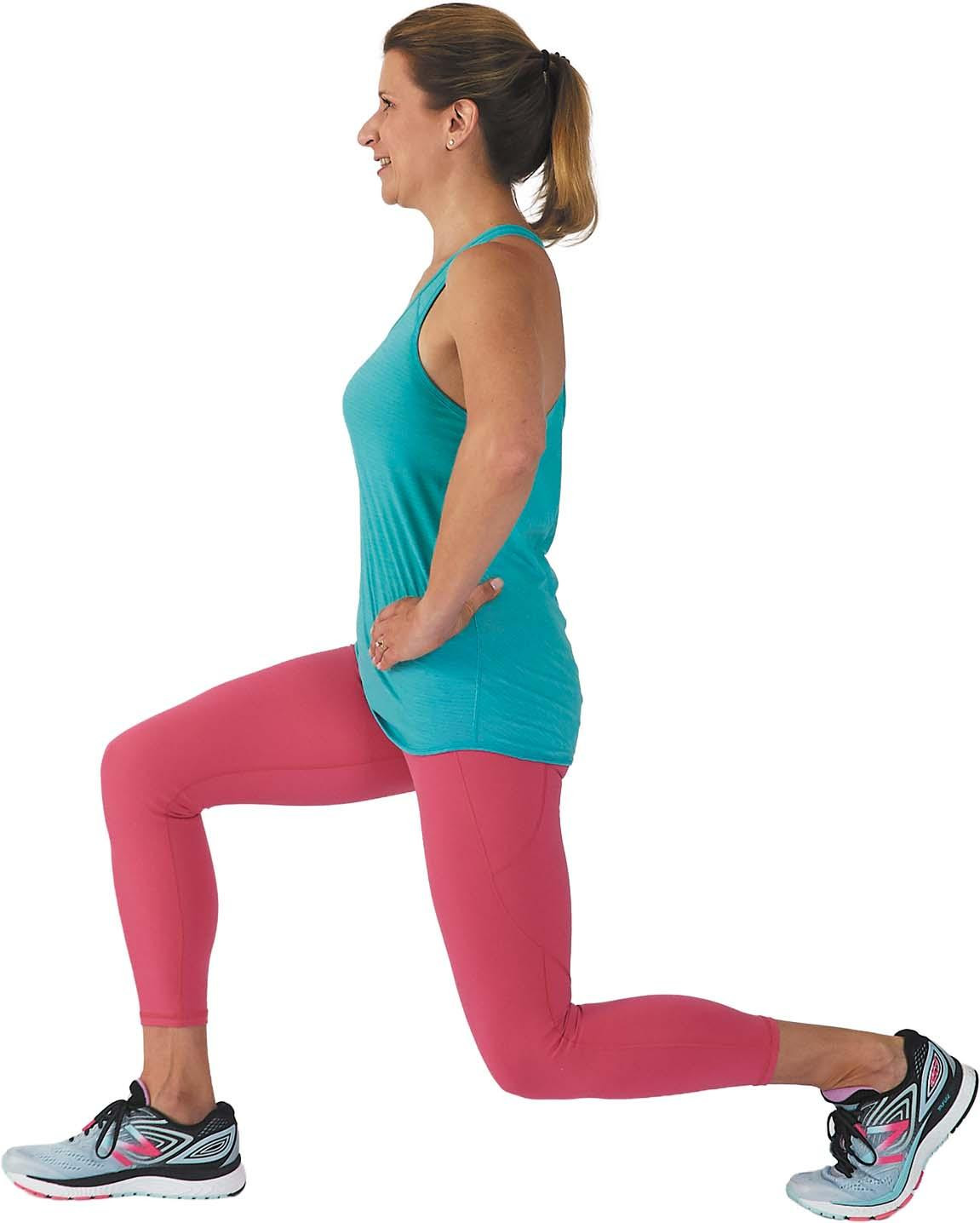 A woman showing how to perform the stationary lunge exercise described in the article.