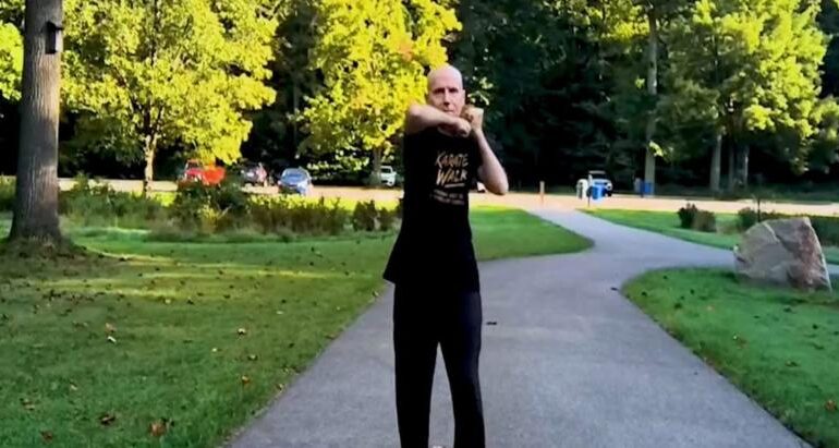Karate Walk founder Randy LePrevost demonstrates martial arts-inspired walking techniques as part of the new fitness program.