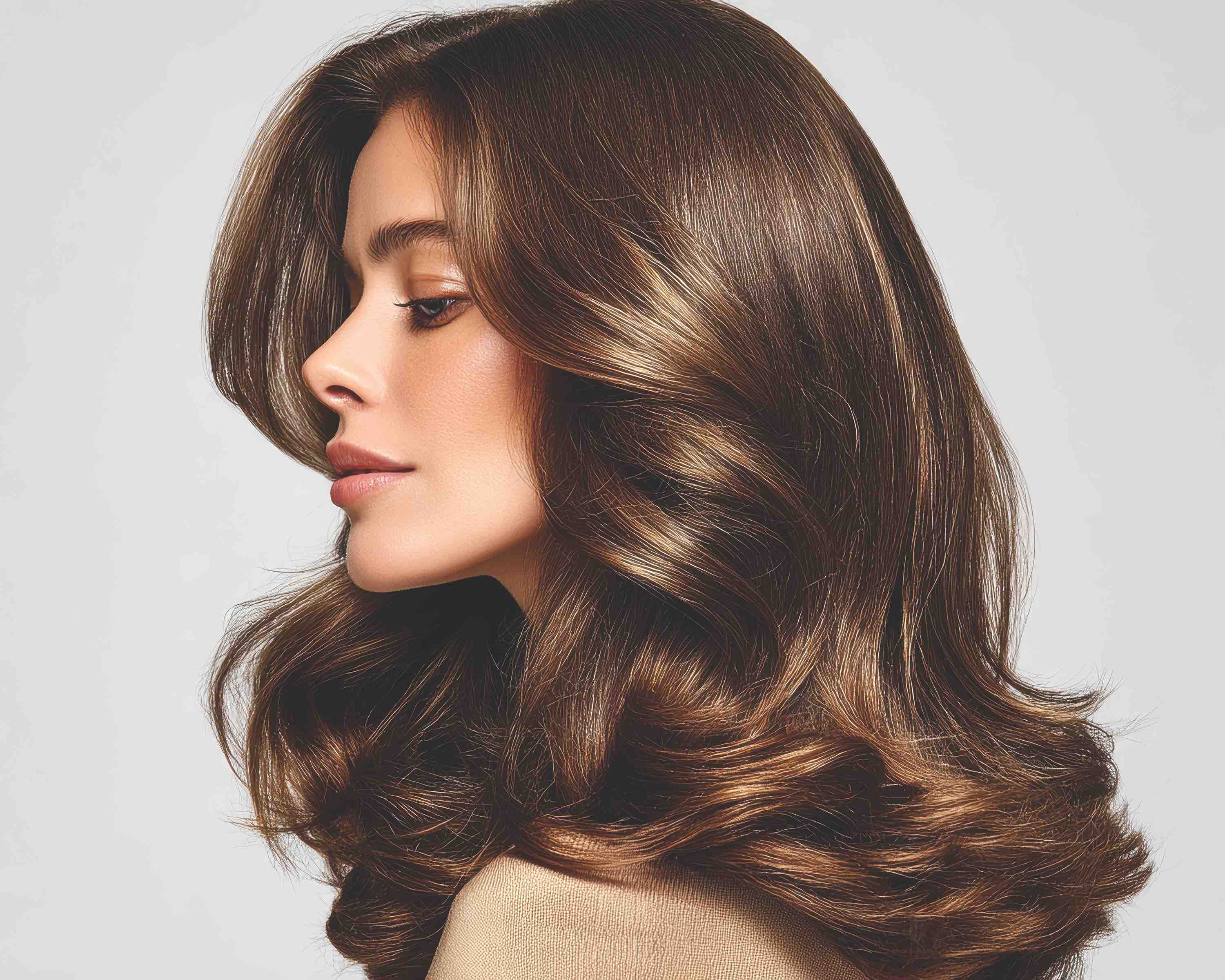 A voluminous, bouncy blow-out created using a round brush and hair dryer - big salon voluminous brush product advertisement