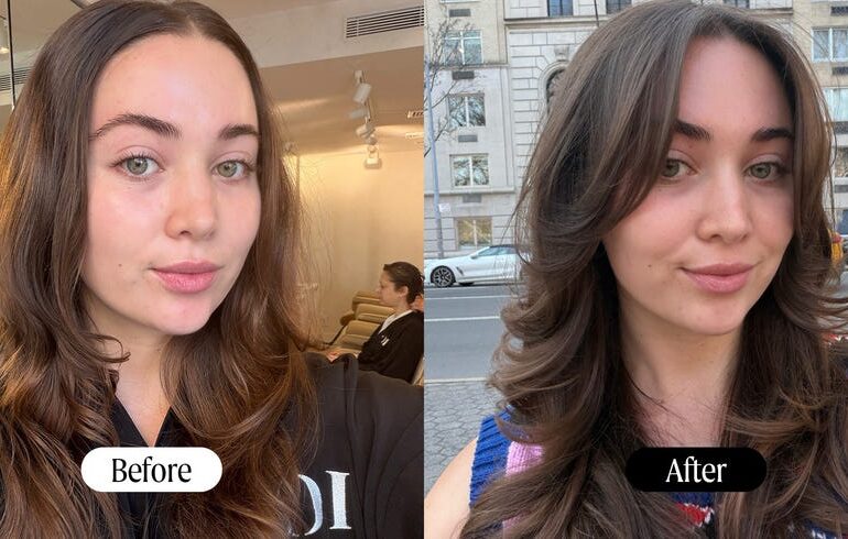 comparison of a persons hairstyle before and after styling