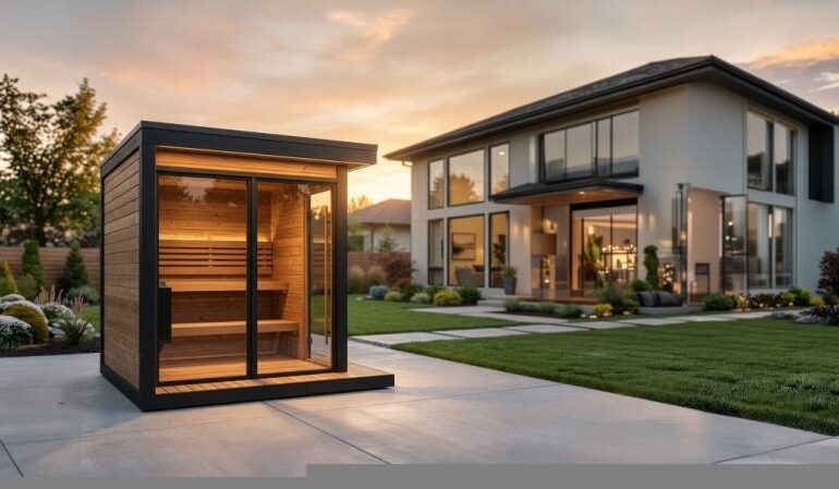 A modern outdoor home sauna installed in a residential backyard, reflecting growing demand for at-home wellness, recovery spaces, and residential sauna installations across the U.S.