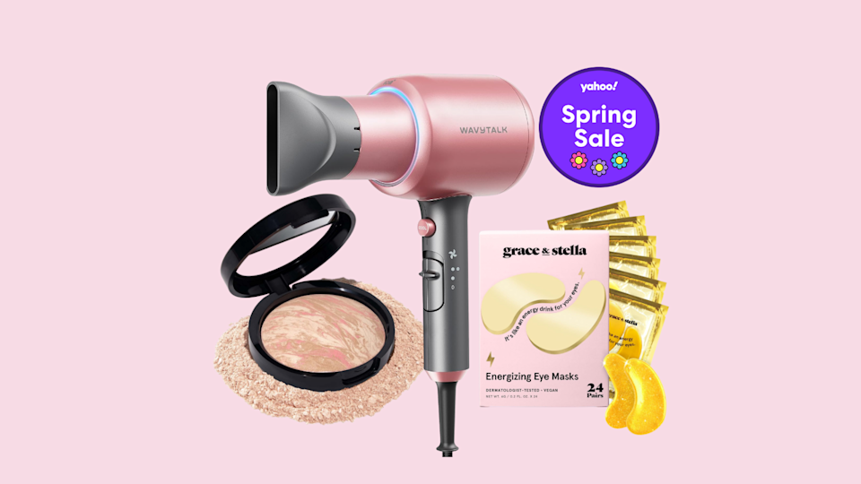 a collage of beauty products by Laura Geller, Grace & Stella and WavyTalk. 