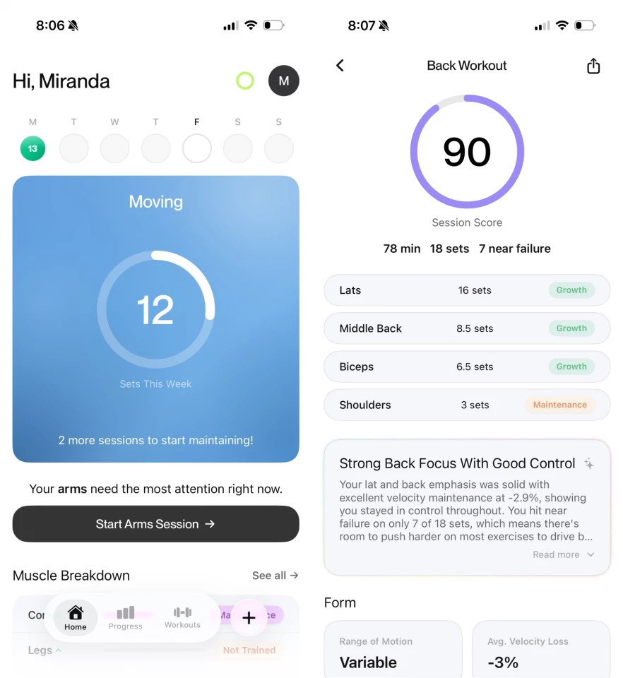 The mobile app logs your reps and sets, and presents insights from your workout – including feedback on your form