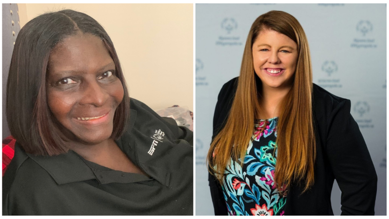 A two-photo collage shows two headshots of two women. 