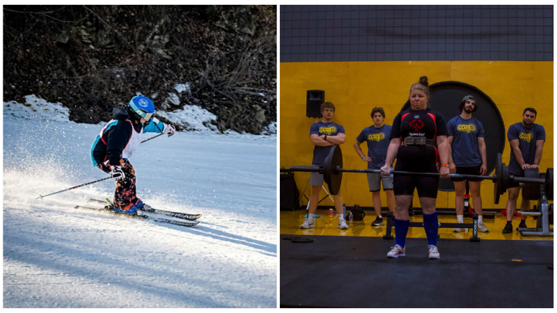 A two-photo collage highlighting a skier moving downhill on a slope. The second photo shows a woman competing in a powerlifting event. 