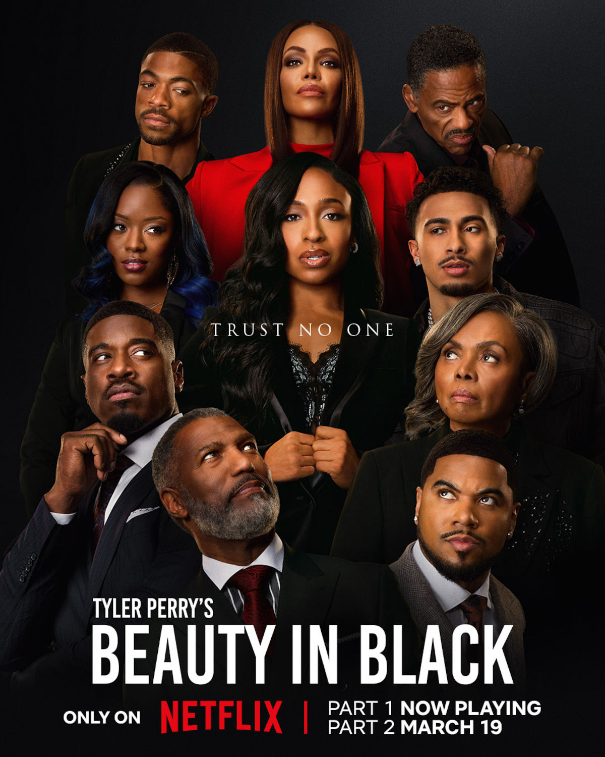 Nine serious-looking individuals in stylish attire pose against a dark backdrop for Tyler Perry's "Beauty in Black" Netflix series poster, conveying drama and intrigue with the tagline "Trust No One."