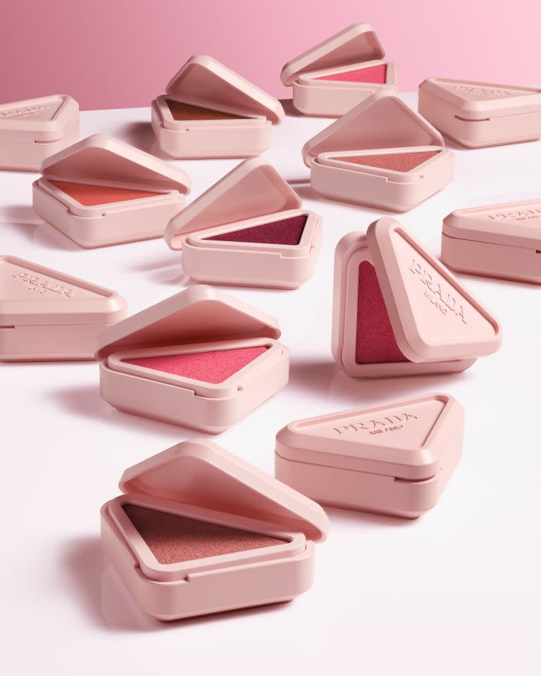 The new cream-to-powder blush comes in Prada's signature triangular packaging.Credit: Prada Beauty