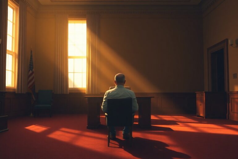 A cinematic painting of a lone figure seated in a dimly lit government office, the room bathed in warm, diagonal sunlight and deep shadows, conveying a sense of political uncertainty and introspection.