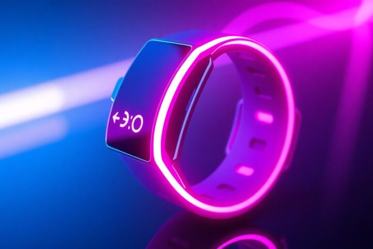 A highly detailed, glowing 3D illustration of a futuristic fitness tracker device with pulsing neon cyan and magenta lights, conceptually representing the advanced technology powering Whoop