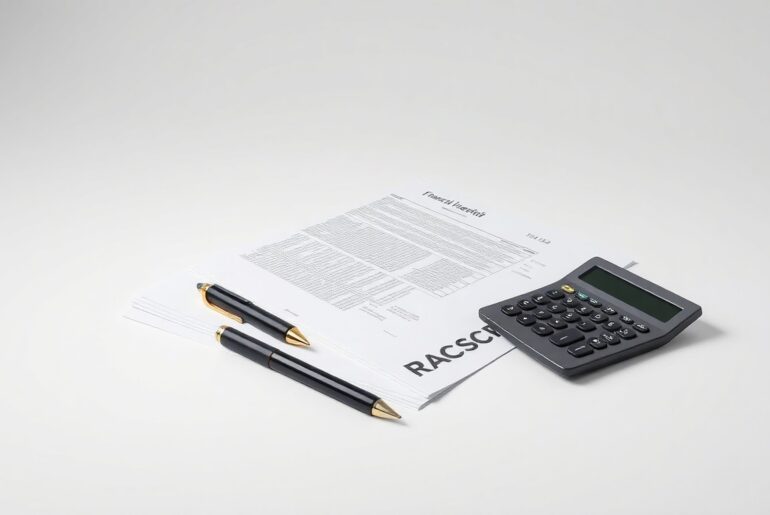 A minimalist, high-end studio still life photograph featuring a stack of financial documents, a pen, and a calculator arranged on a clean, white background, conceptually representing the importance of professional standards and oversight in the financial planning industry.