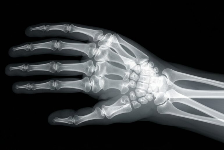An X-ray photograph showing the intricate bone and muscle structure of a human hand and wrist, conceptually representing the advanced biometric technology that will be integrated into the Miraval resort experience.