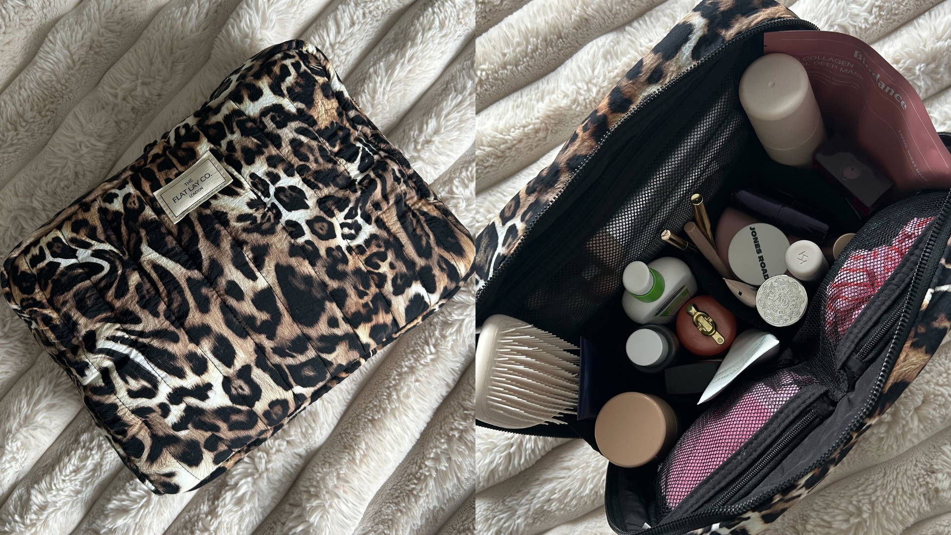 On the left, an image of The leopard print Flat Lay Co. The Showcase XL Makeup Bag closed, and on the right, an image of The Flat Lay Co. The Showcase XL Makeup Bag open with all of its contents inside