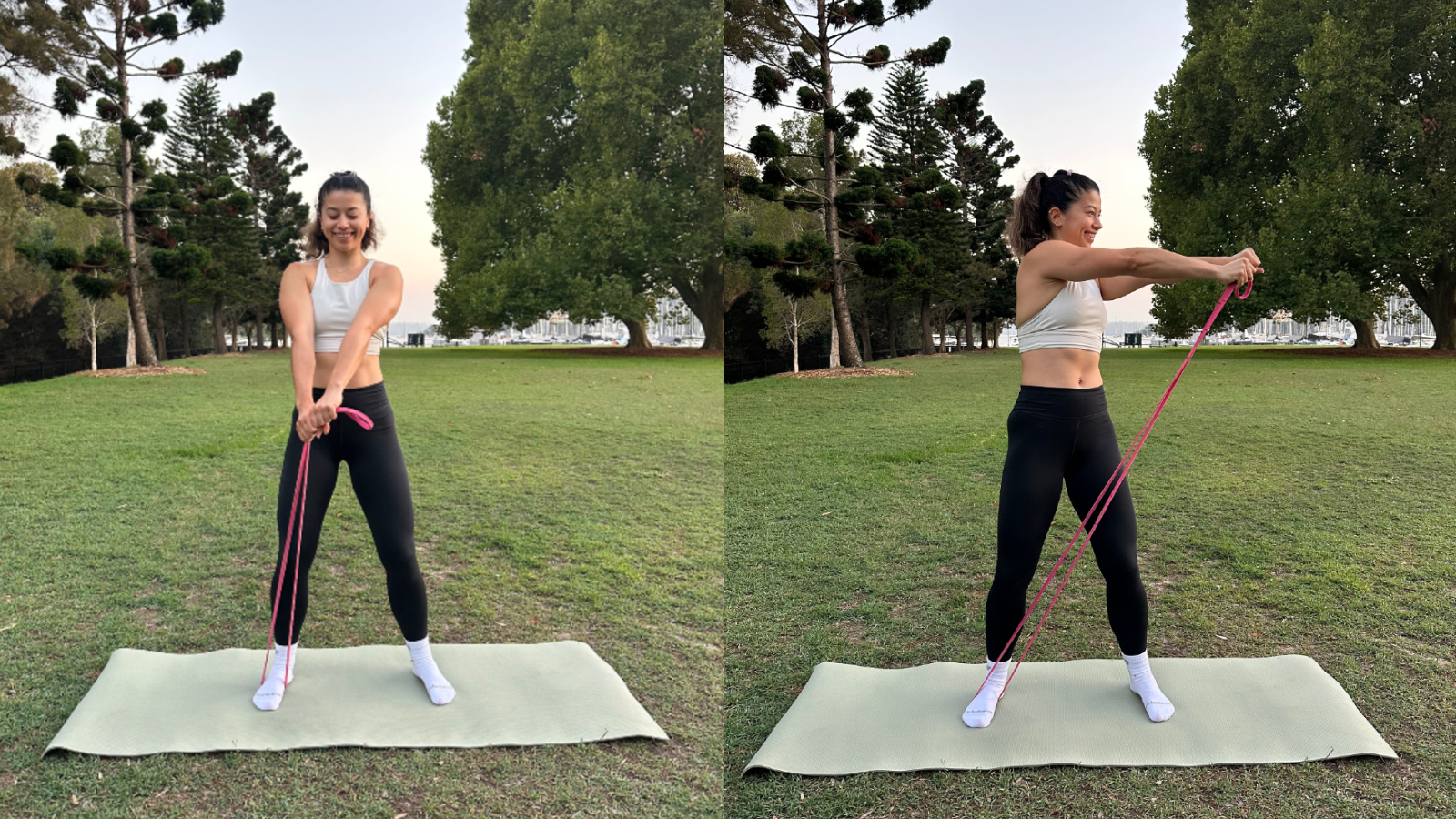 Woman doing resistance band exercise in park
