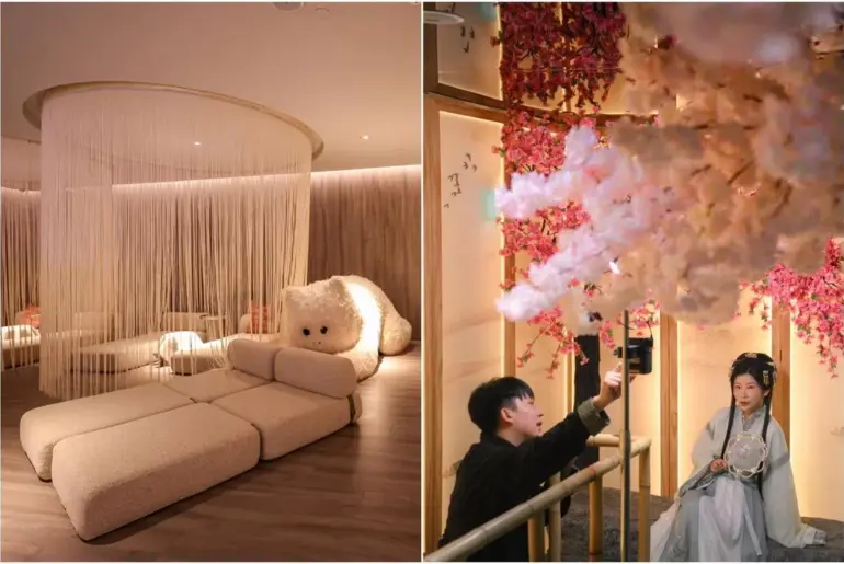 Interior of the leisure area at House Bubble (left) and a photo shoot at Yagyo Haven.