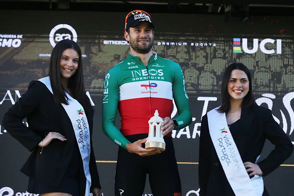  INEOS Grenadiers Italian cyclist Filippo Ganna celebrates on the podium after winning the stage 3 of the Algarve Tour, a time trial run in Vilamoura on February 20, 2026. (Photo by João Matos / AFP). 