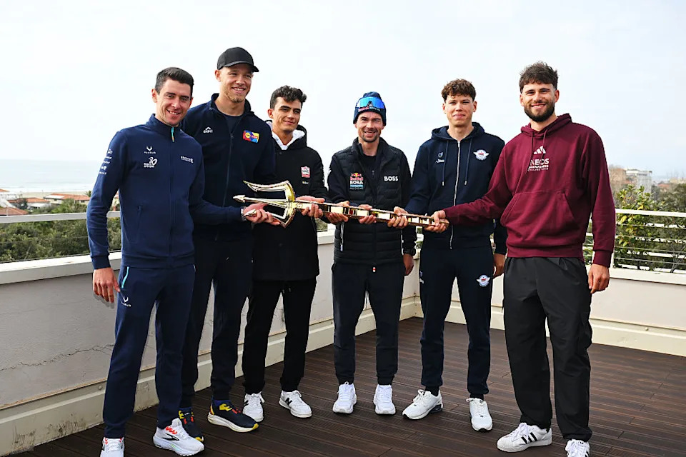 CAMOIRE, ITALY - MARCH 08: (L-R) Antonio Tiberi of Italy and Team Bahrain - Victorious, Jonathan Milan of Italy and Team Lidl - Trek, Isaac Del Toro of Mexico and UAE Team Emirates - XRG, Primoz Roglic of Slovenia and Team Red Bull Bora Hansgrohe, Paul Magnier of France and Team Soudal Quick-Step and Filippo Ganna of Italy and Team INEOS Grenadiers during the Top Riders Press Conference prior to the 61st Tirreno-Adriatico 2026  / #UCIWT / on March 08, 2026 in Camaiore, Italy. (Photo by Tim de Waele/Getty Images)
