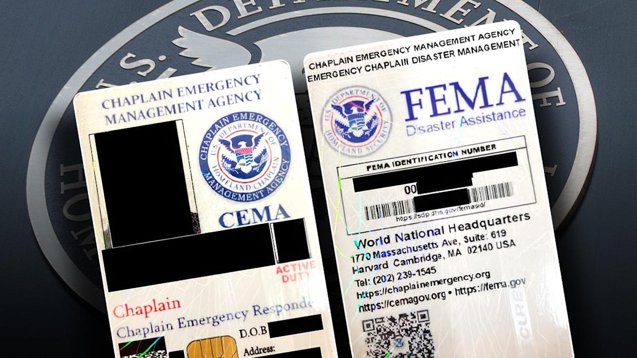 Fake FEMA badges in front of the DHS logo